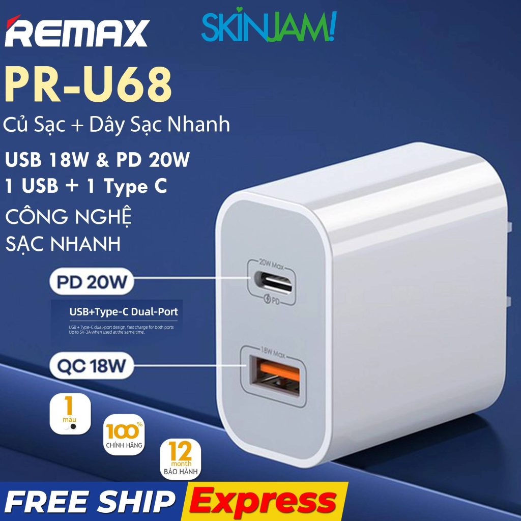 Củ sạc nhanh REMAX RP-U68 USB QC3.0-18W vs 1 Type C-20W