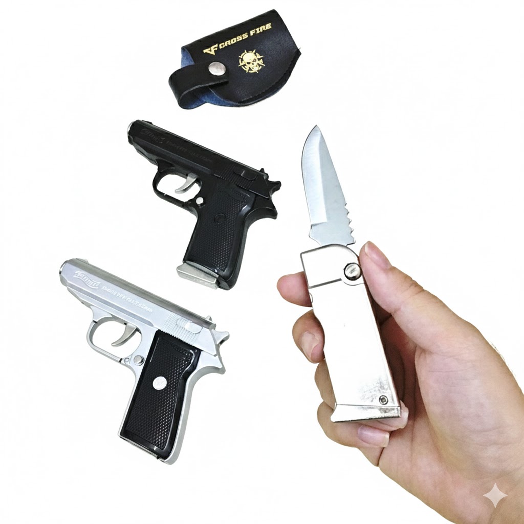 Bật lửa hình súng M9 có bao da (bật lửa, dao tự vệ) - màu bạc
