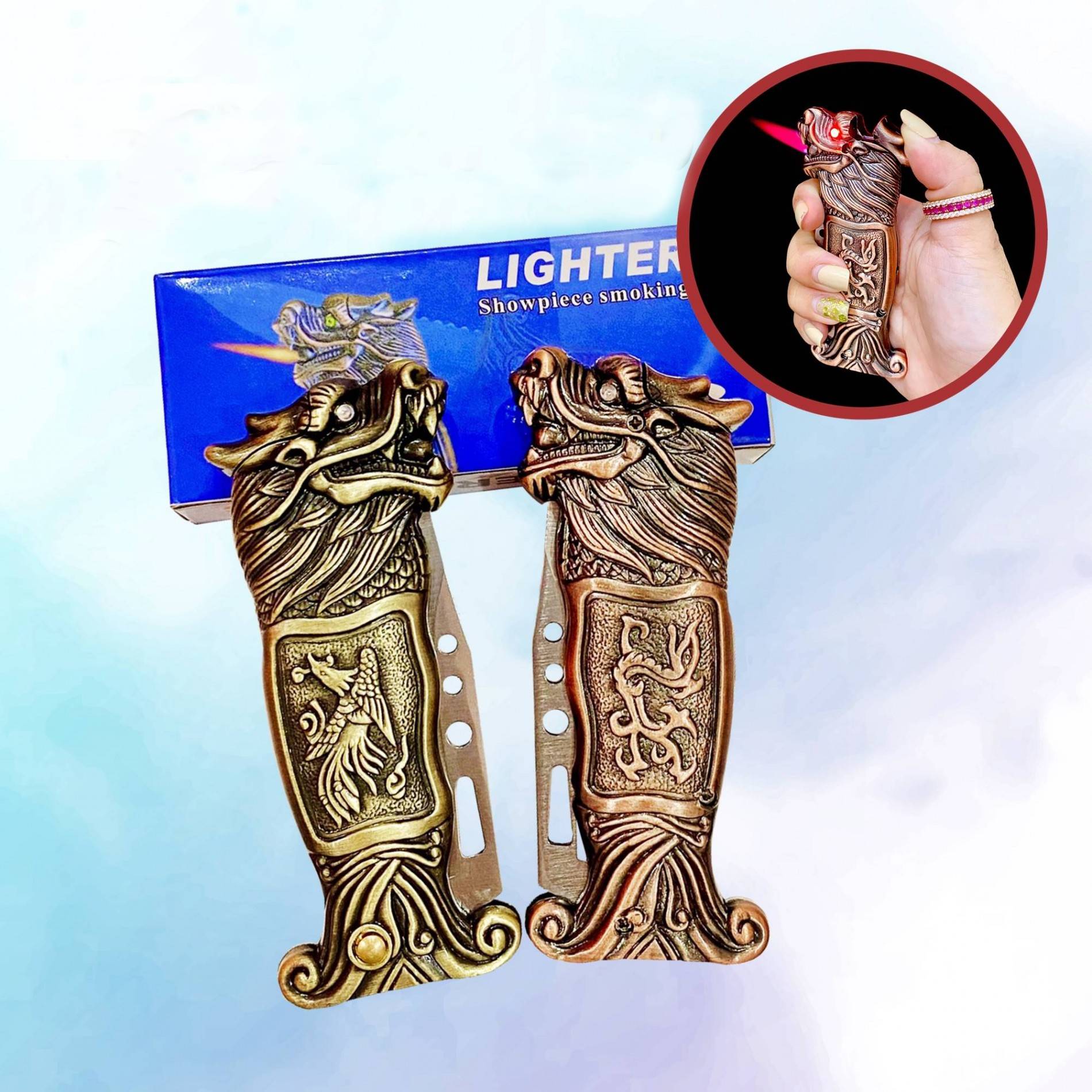 Bật lửa kèm dao bấm tự vệ đầu rồng có đèn led xài gas