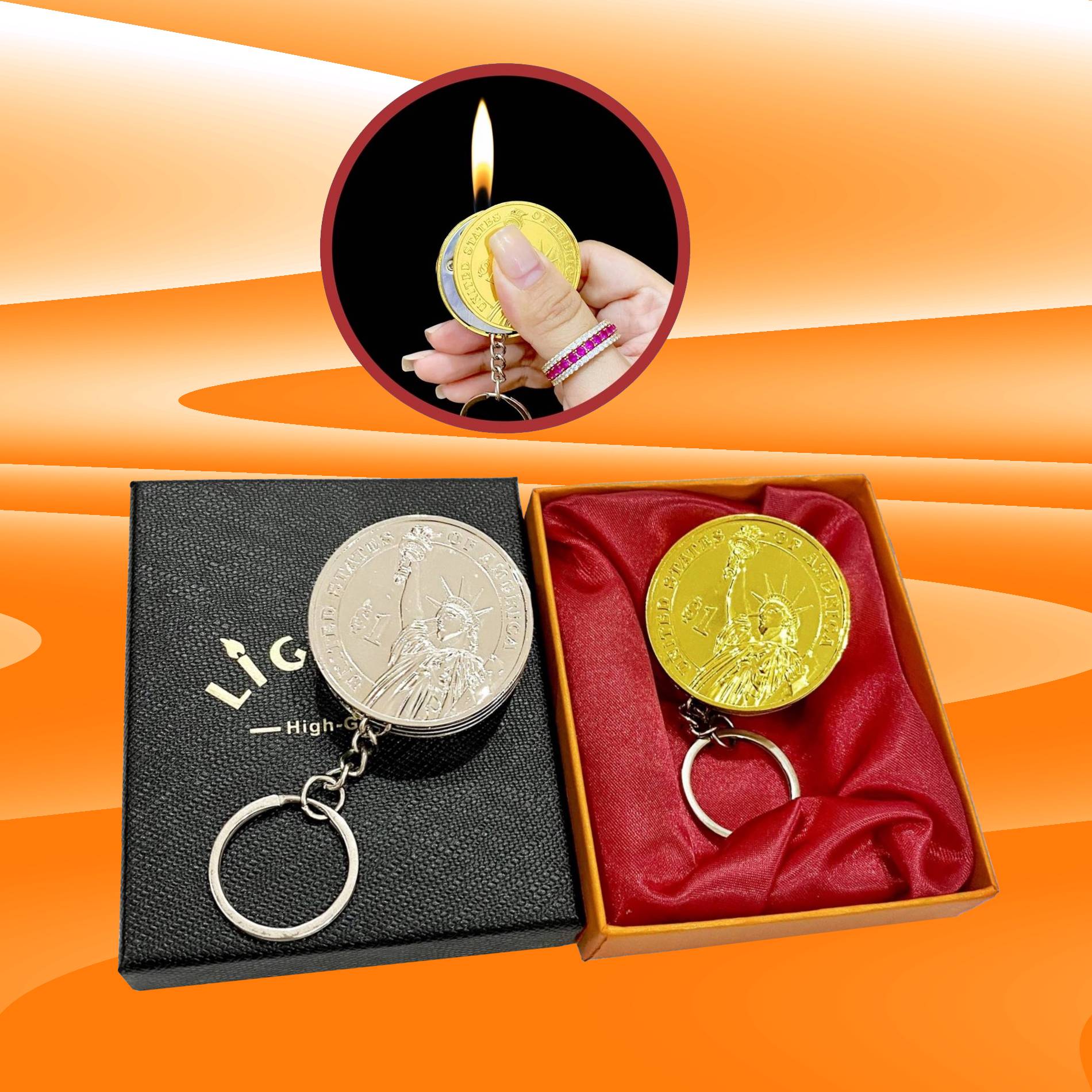 Bật lửa hình đồng tiền làm bằng kim loại có hộp - dùng gas