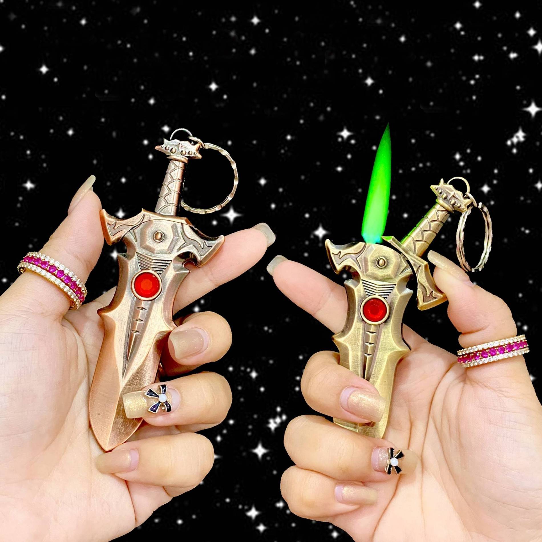 Bật lửa hình thanh kiếm ngọc kim loại - xài gas có móc khóa