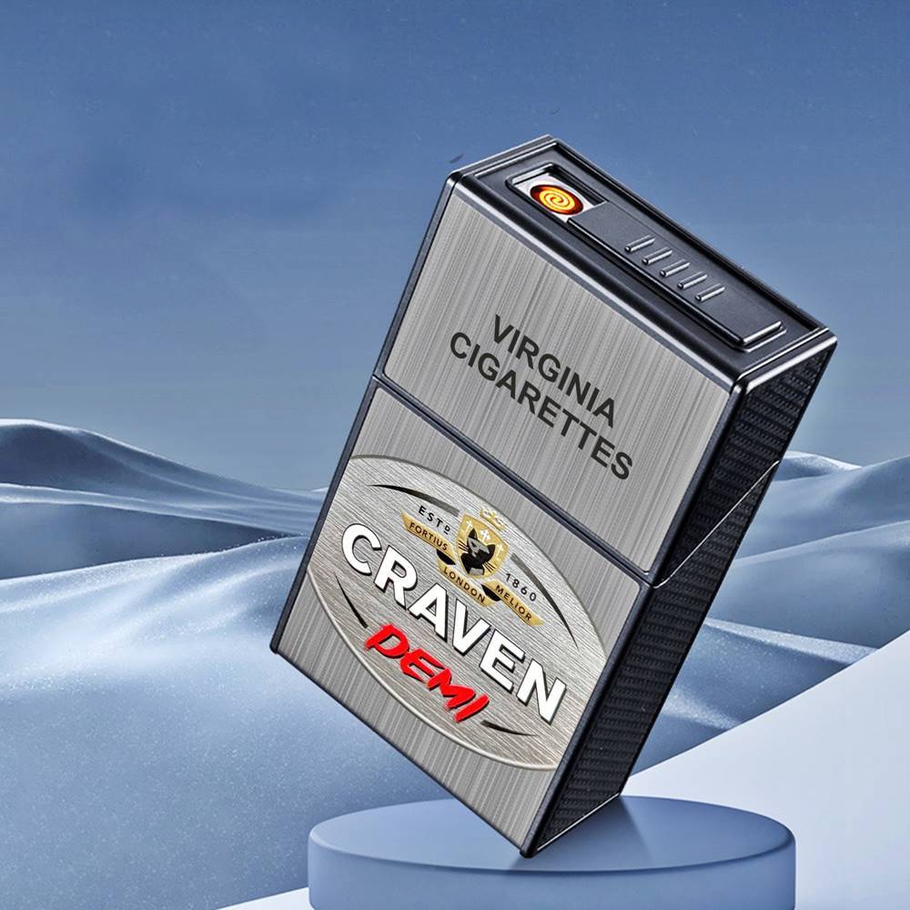 Bật lửa điện kiêm gói thuốc in hiệu caraven demi bạc