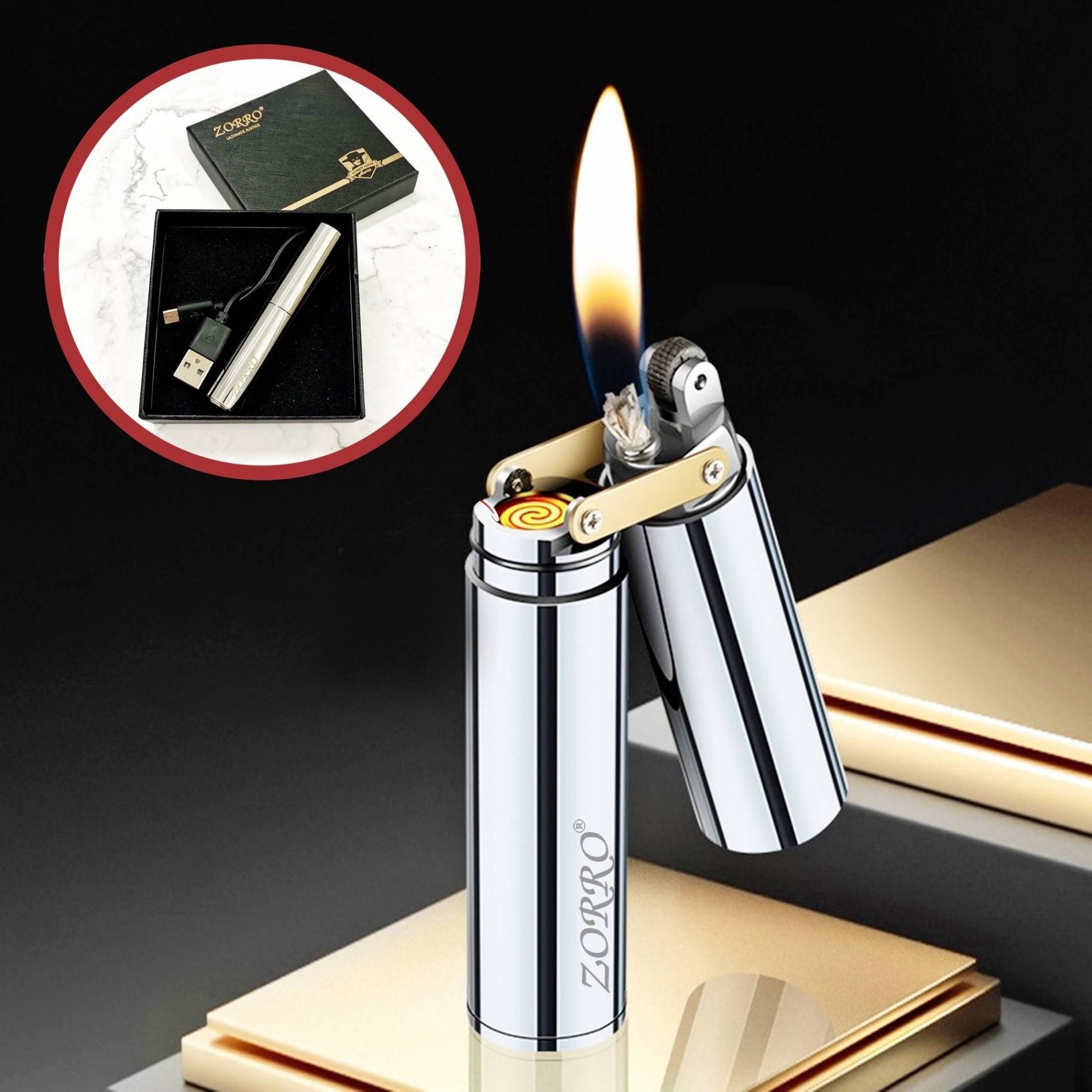 Bật lửa Zorro hình côn nhị khúc 2 chế độ lửa sạc điện và xài xăng