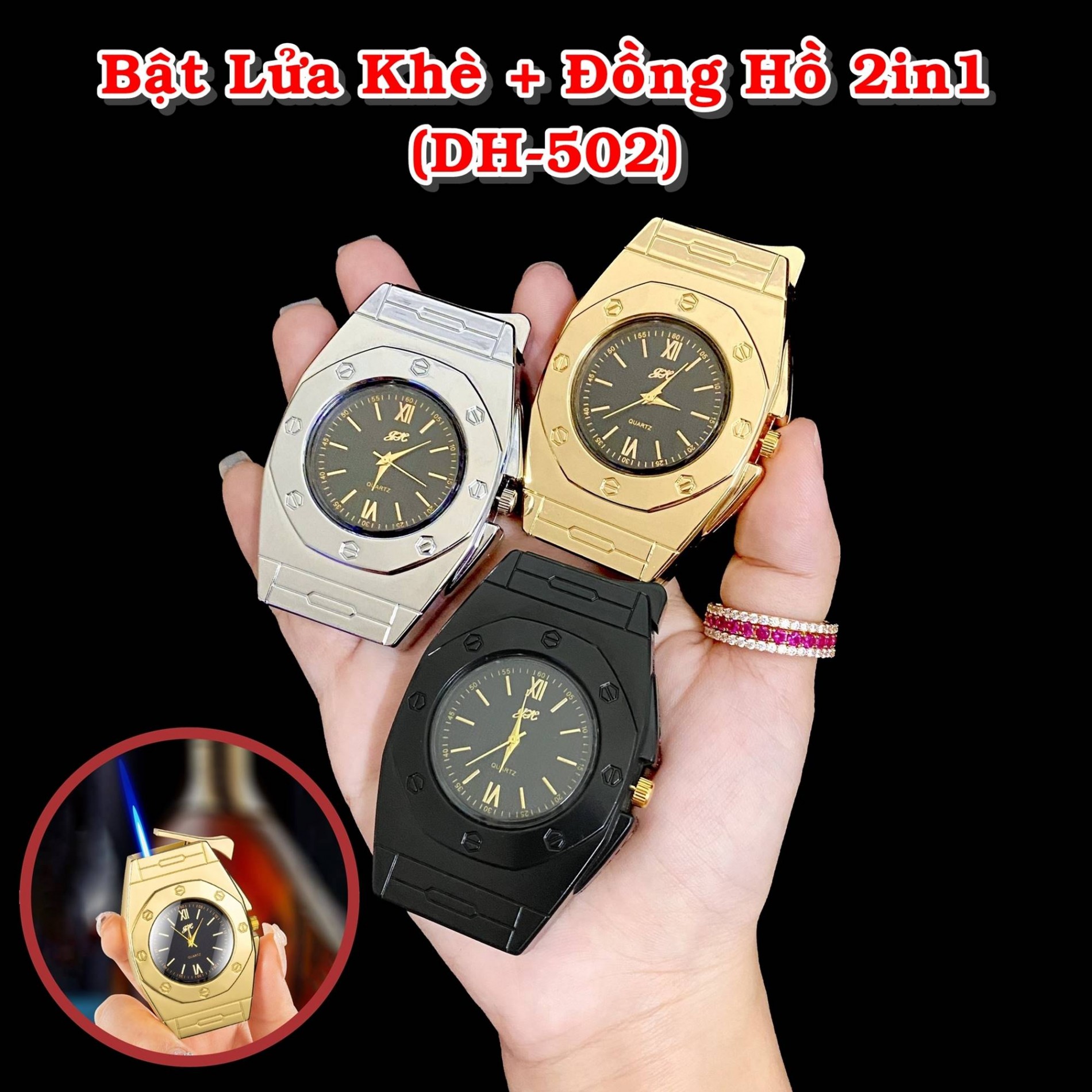 Bật lửa đồng hồ 2 in 1 DH-502 xài gas - có hộp
