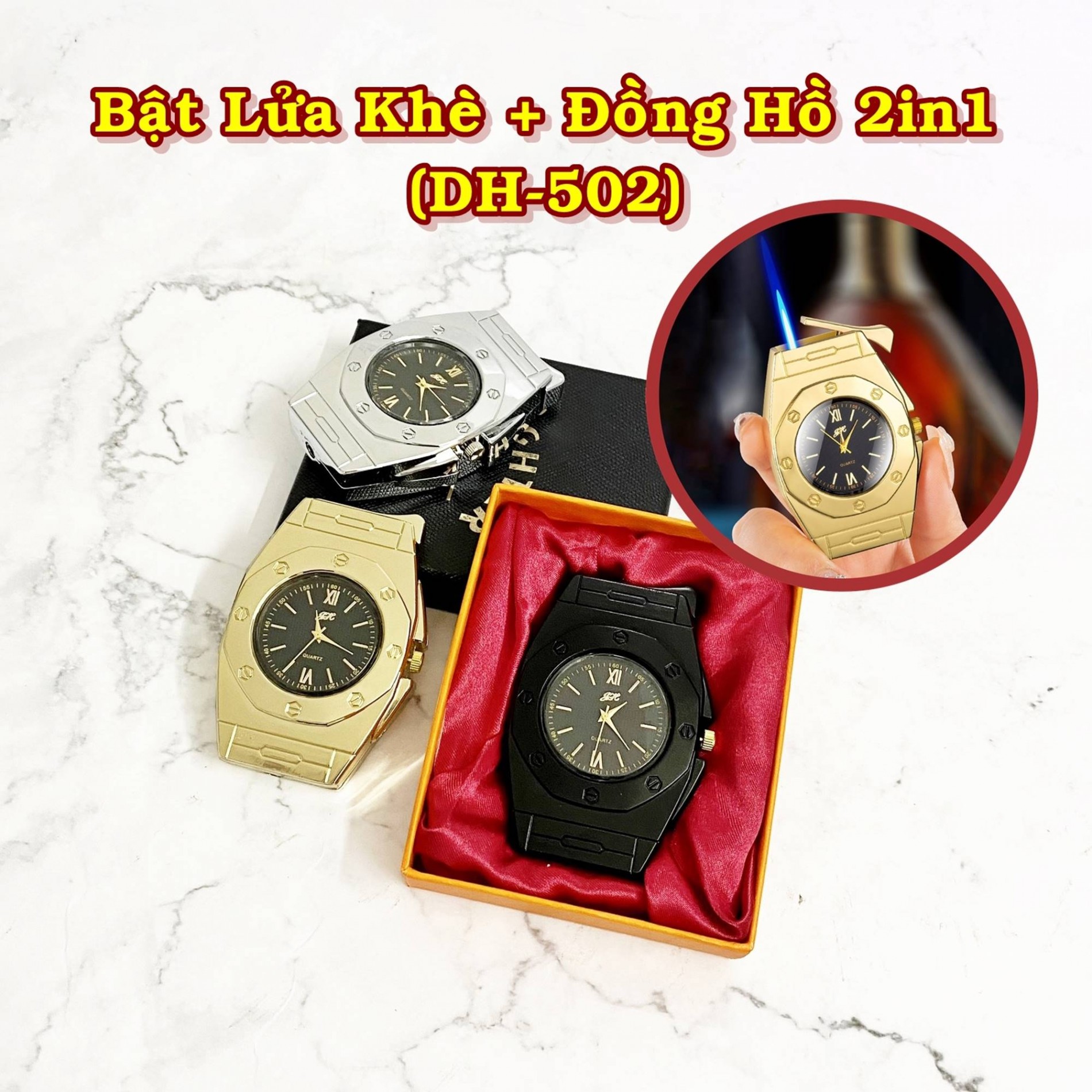 Bật lửa đồng hồ 2 in 1 DH-502 xài gas - có hộp