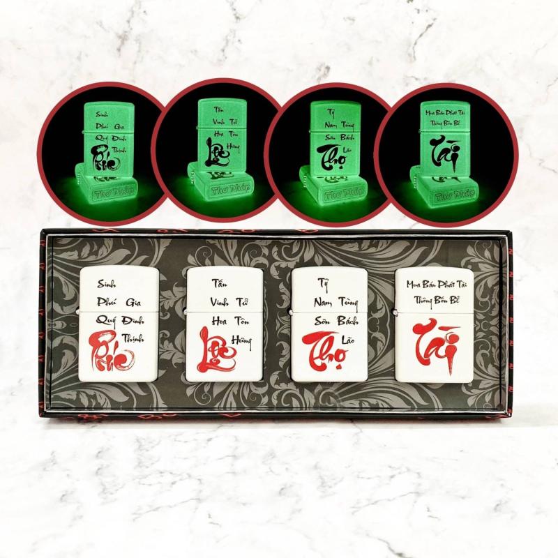 Bộ 4 bật lửa Zippo chữ thư pháp Phúc Lộc Thọ Tài