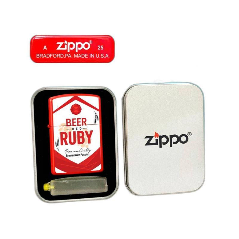 Bật lửa Zippo sơn tĩnh điện logo bia Ruby - hộp thiếc kèm xăng