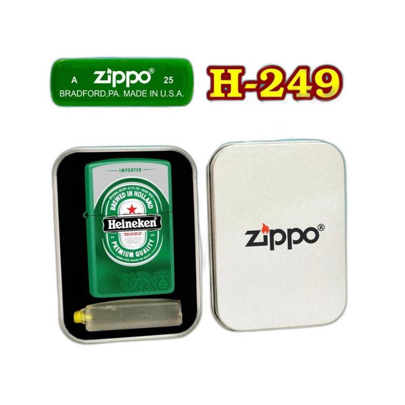 Bật lửa Zippo sơn tĩnh điện 2 mặt hình logo bia Heineken - hộp thiếc kèm xăng
