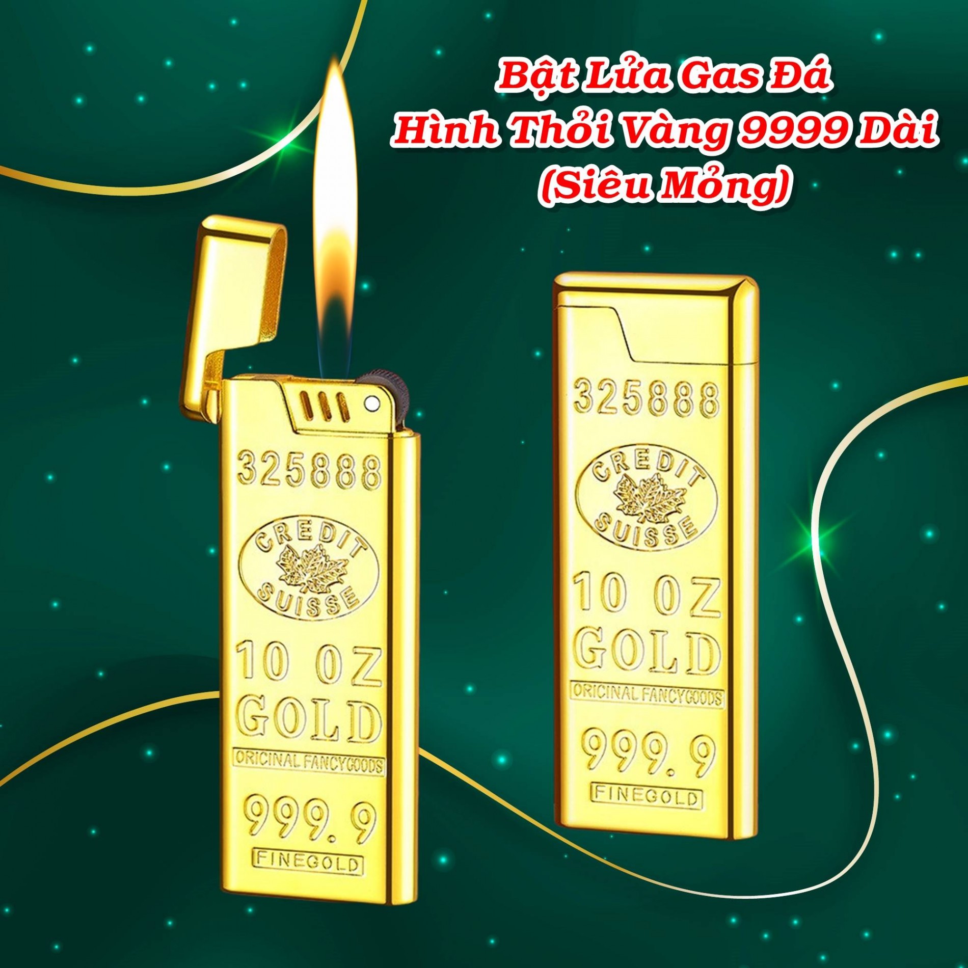 Bật lửa hình thỏi vàng 9999 dài siêu mỏng - xài gas đá