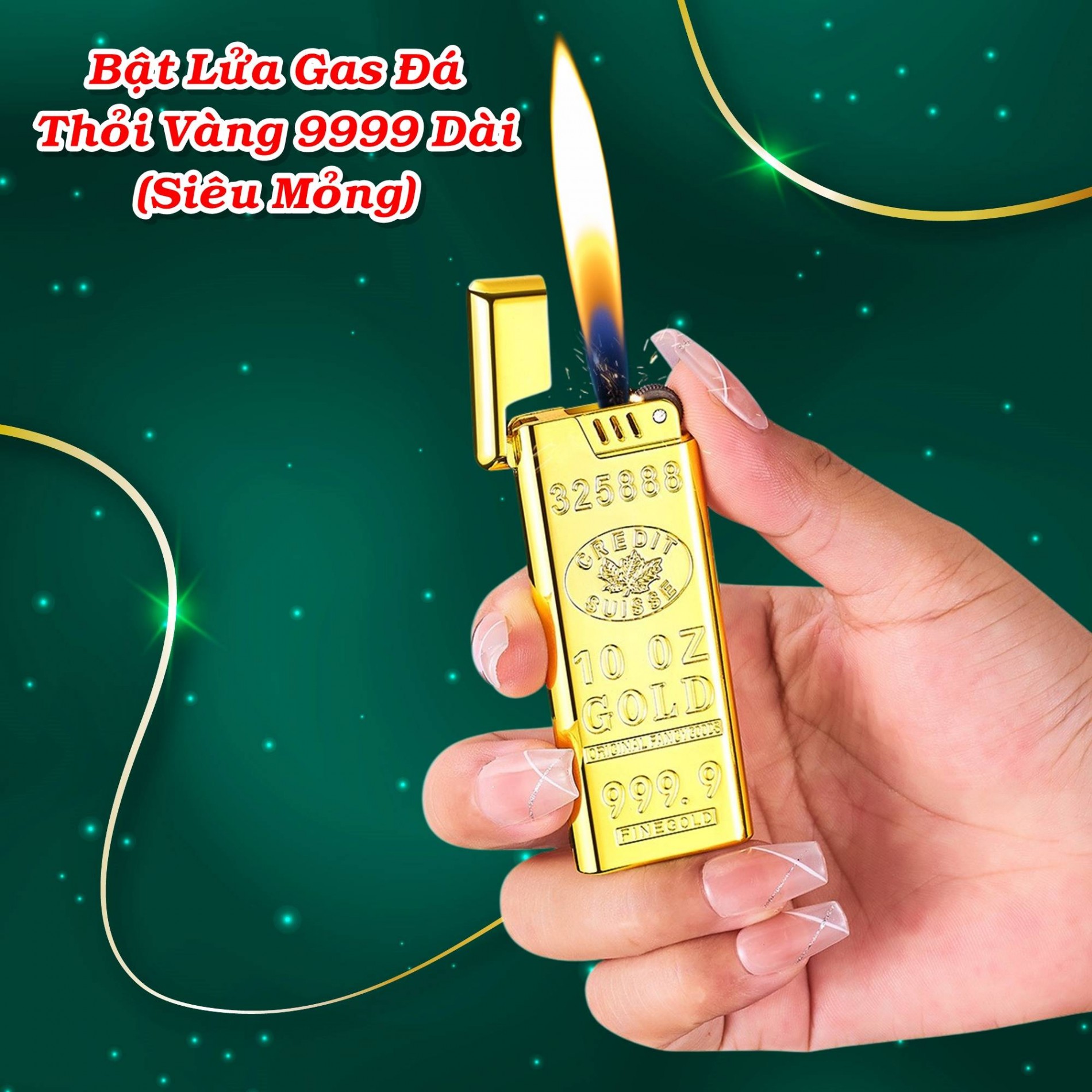 Bật lửa hình thỏi vàng 9999 dài siêu mỏng - xài gas đá
