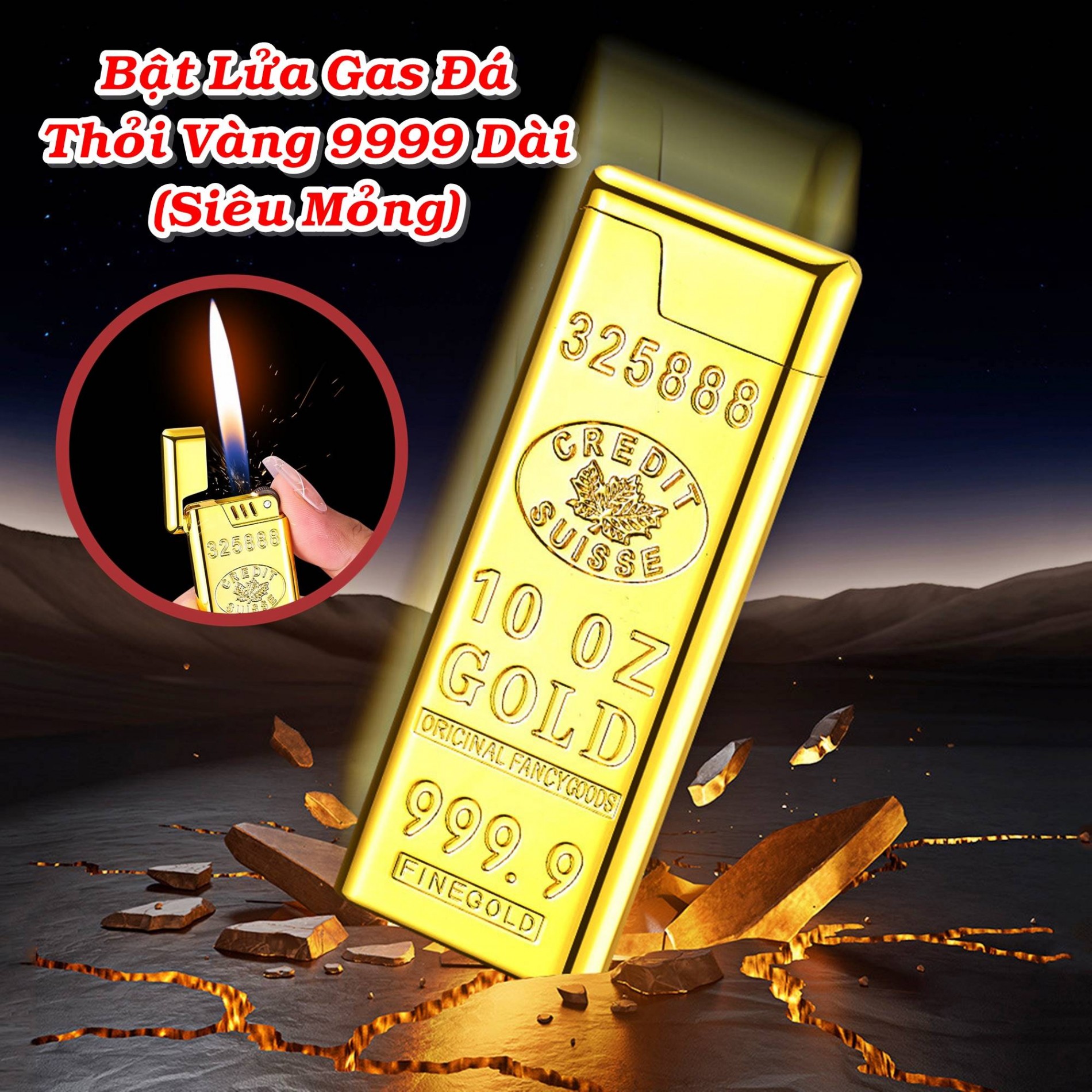 Bật lửa hình thỏi vàng 9999 dài siêu mỏng - xài gas đá