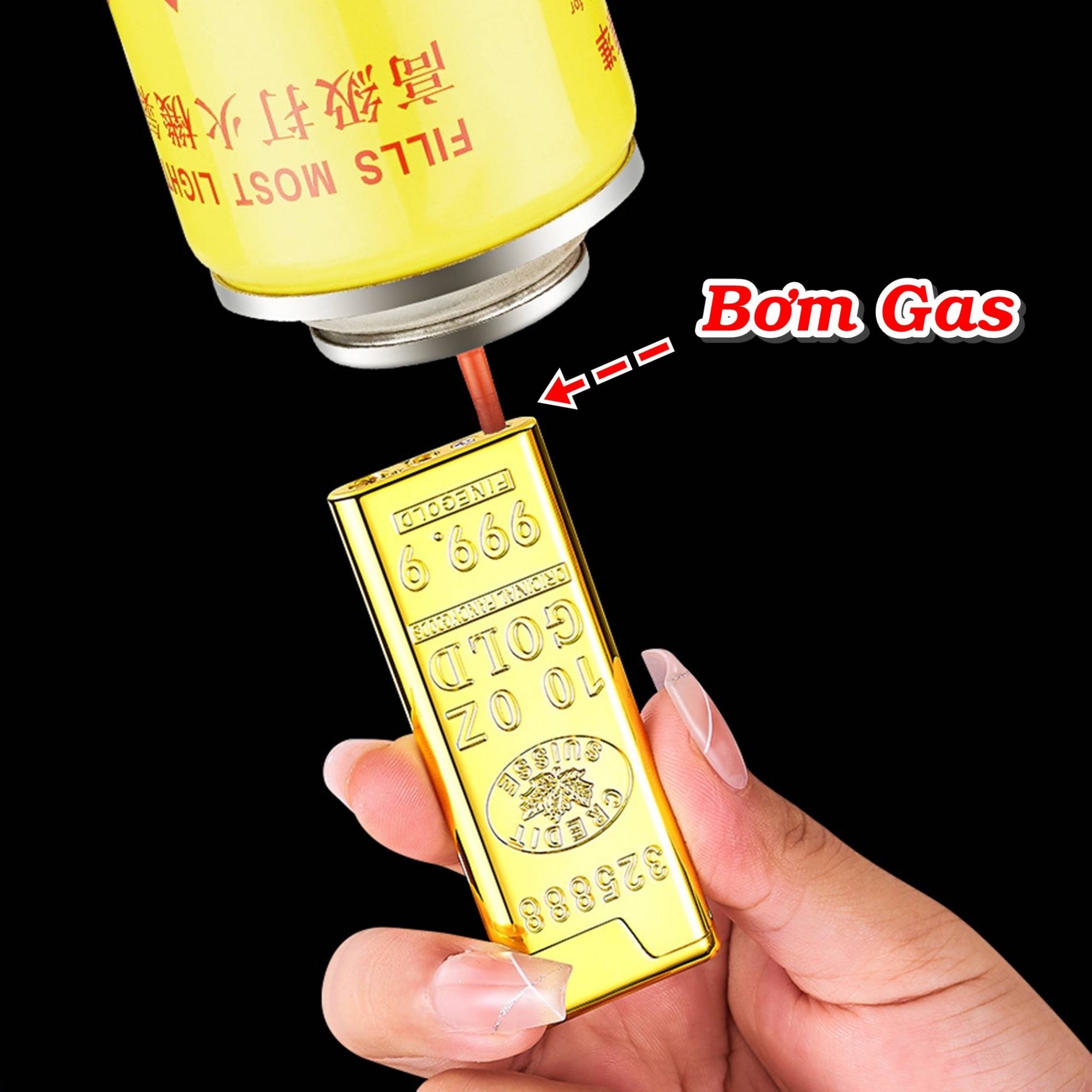 Bật lửa hình thỏi vàng 9999 dài siêu mỏng - xài gas đá