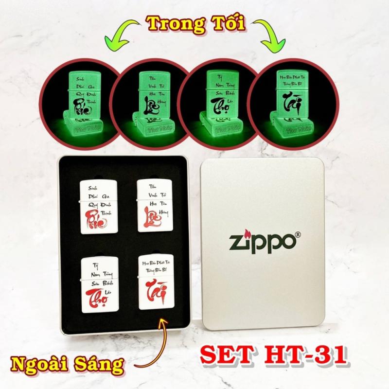 Bộ bật lửa zippo chữ thư pháp dạ quang Phúc - Lộc - Thọ - Tài