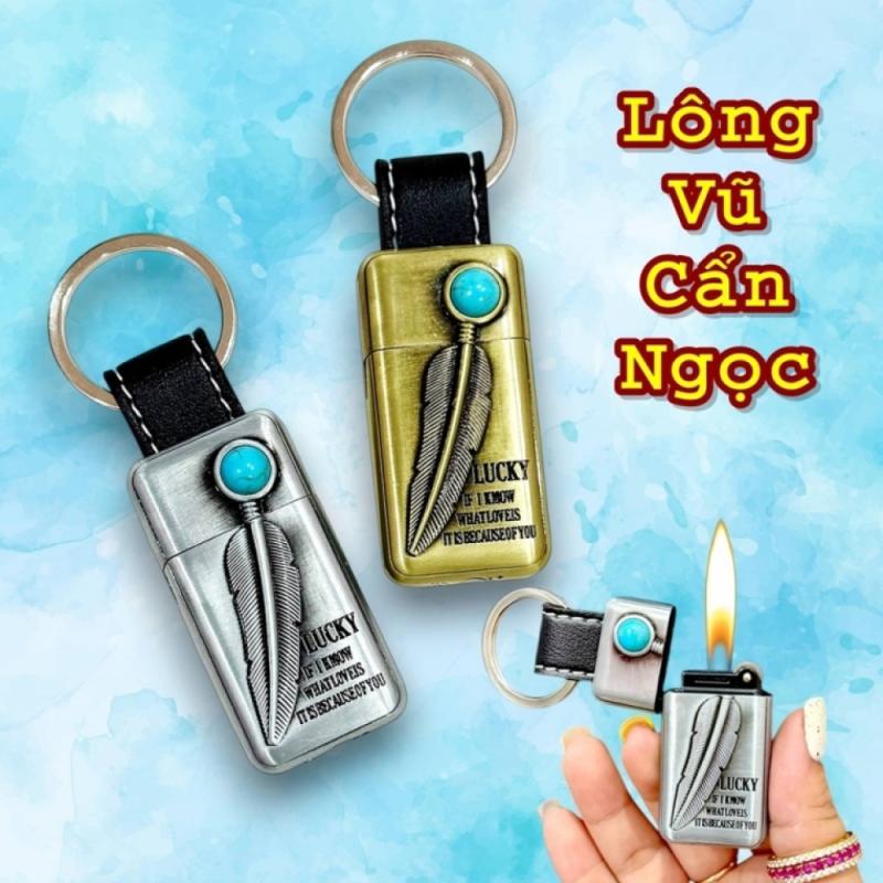 Bật lửa móc khoá hình lông vũ cẩn ngọc gas đá