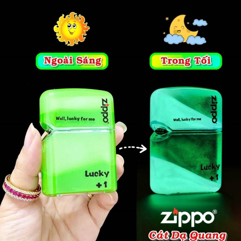 Bật lửa Zippo cát dạ quang màu xanh kèm hộp trưng bày xài xăng