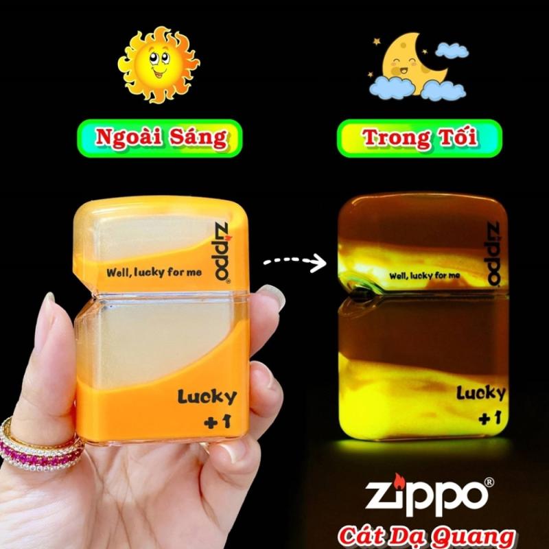 Bật lửa Zippo cát dạ quang màu cam kèm hộp trưng bày xài xăng