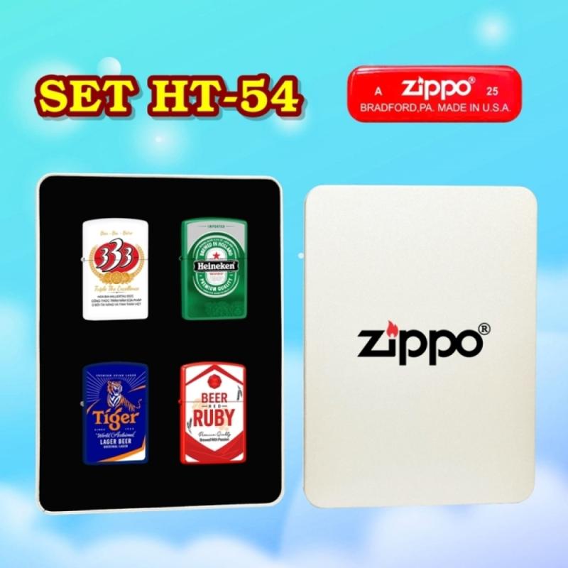 Bộ 4 bật lửa Zippo sơn tĩnh điện 2 mặt hình logo bia các kiểu có mộc đáy hộp thiếc xài xăng