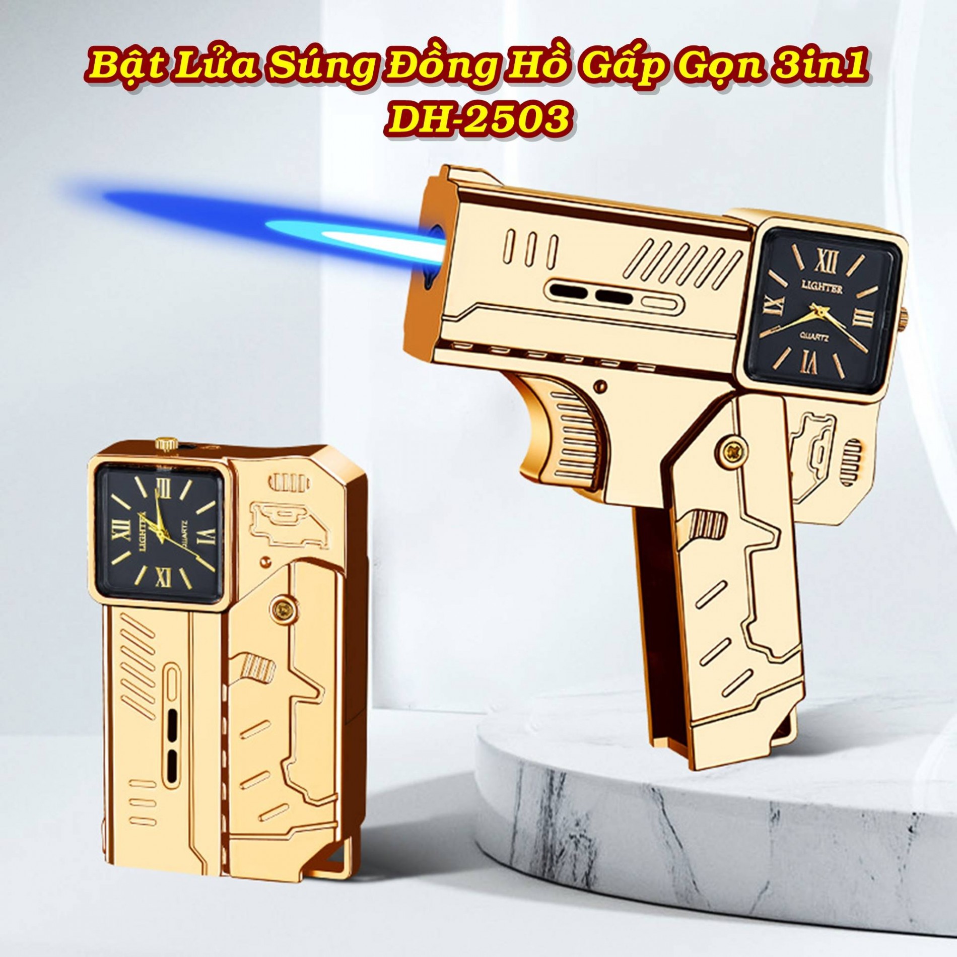 Bật lửa hình súng kiêm đồng hồ để bàn dùng gas
