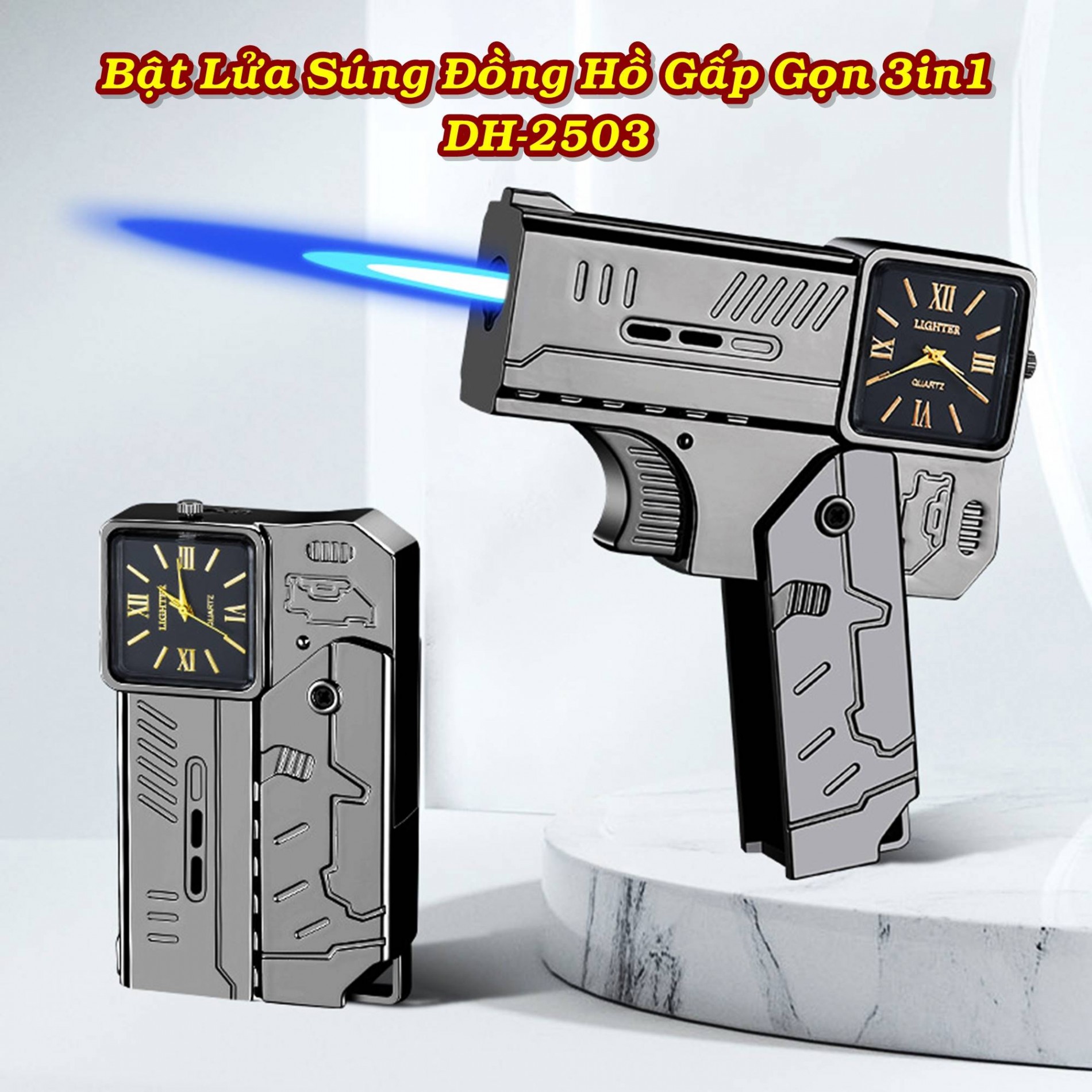 Bật lửa hình súng kiêm đồng hồ để bàn dùng gas