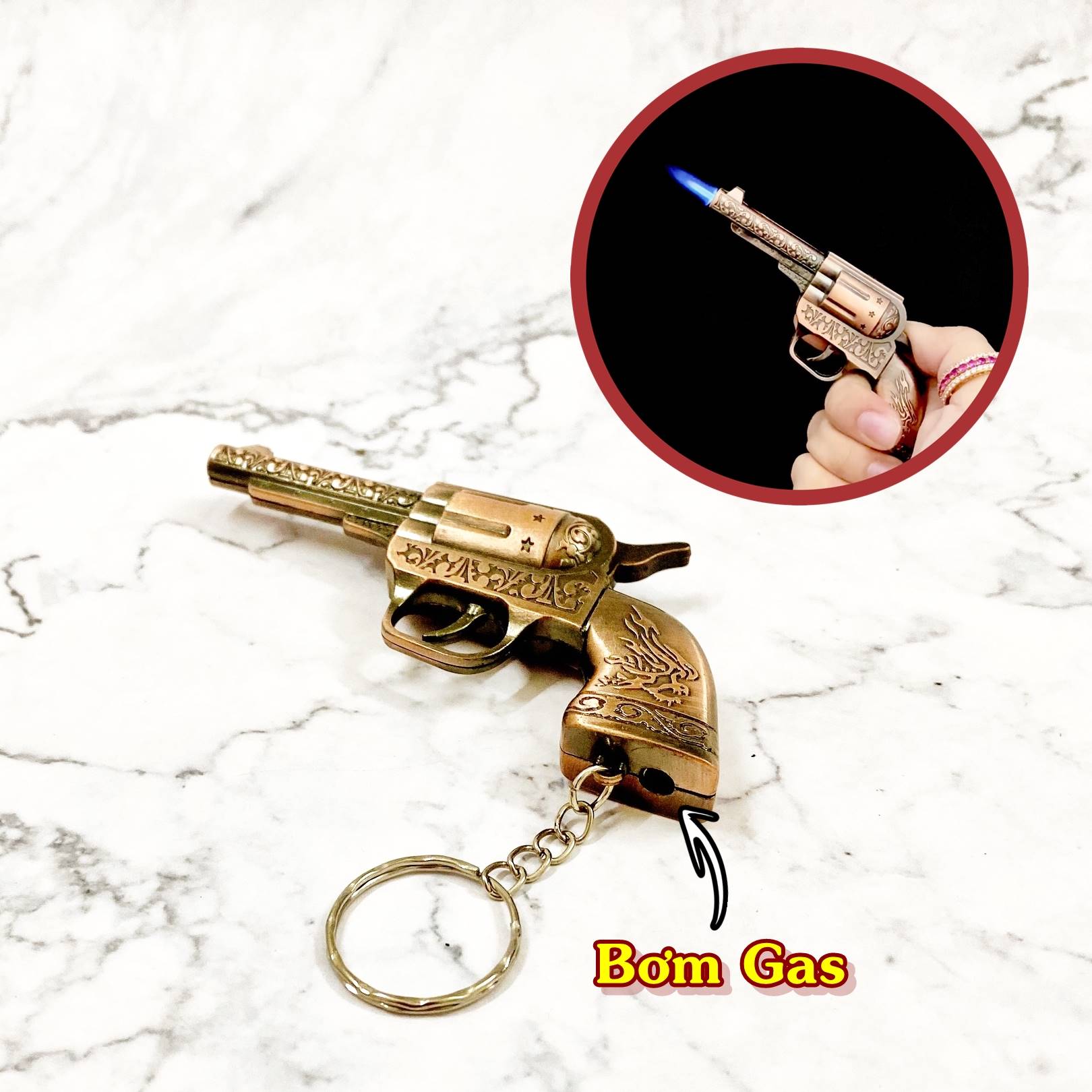 Bật lửa móc khóa hình súng hoa văn màu đồng 10.5cm