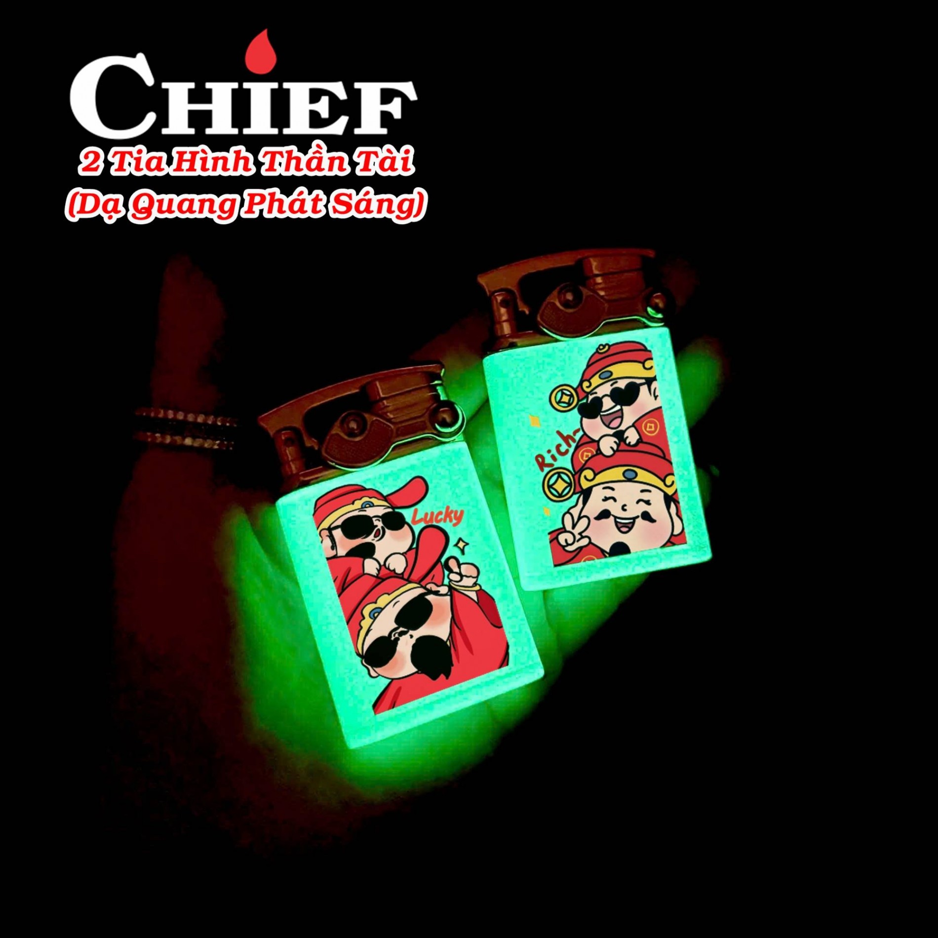 Bật lửa Chief 2 tia hình thần tài dạ quang - có hộp - xài gas