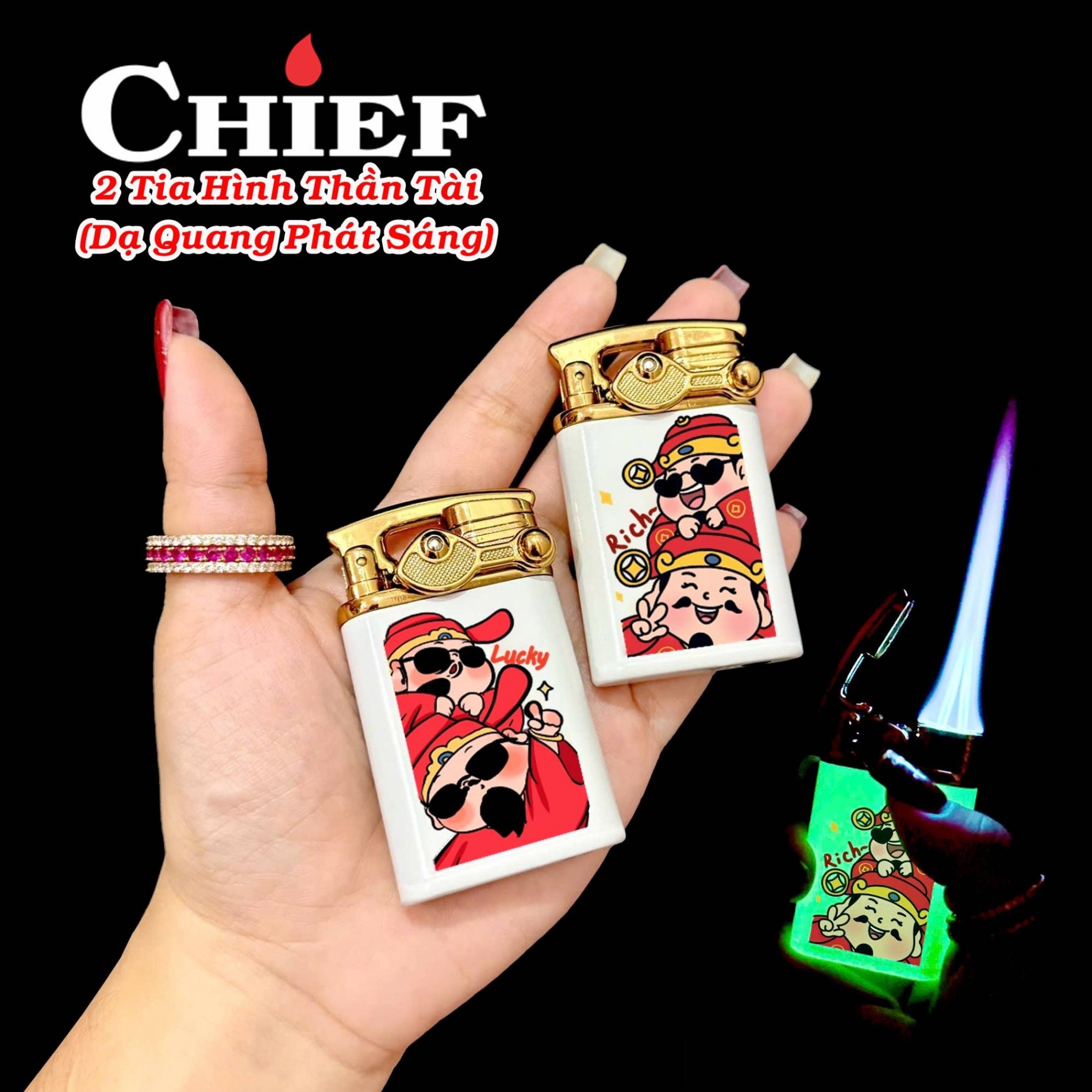 Bật lửa Chief 2 tia hình thần tài dạ quang - có hộp - xài gas