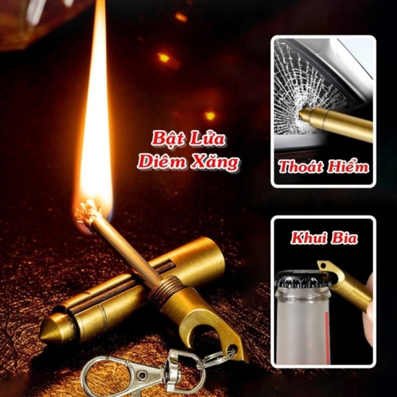 Bật lửa diêm xăng hình viên đạn 4 in 1 (Bật lửa, móc khóa, thoát hiểm, khui bia)