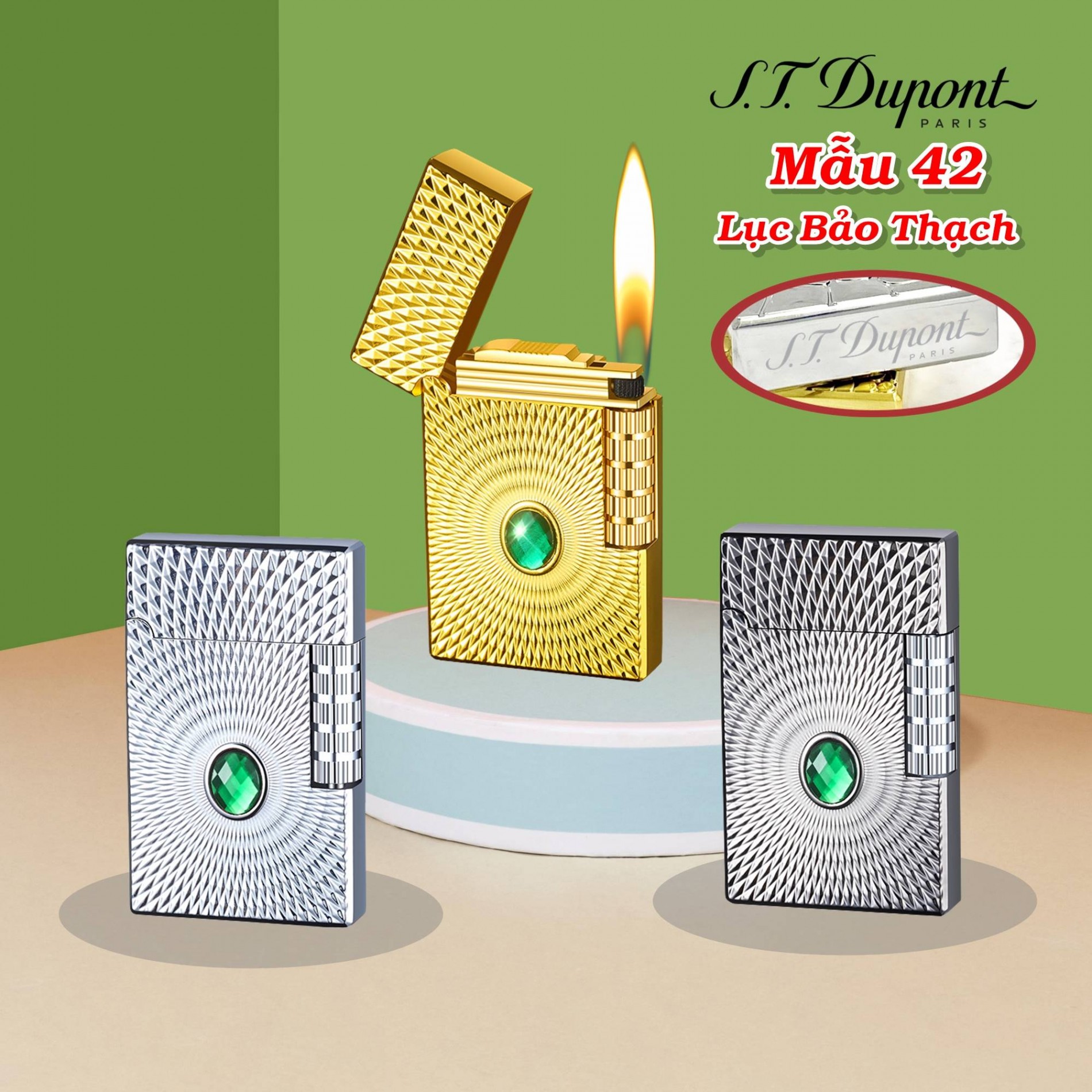 Bật lửa dupont lốc xoáy cẩn ngọc lục bảo thạch m-42 có hộp