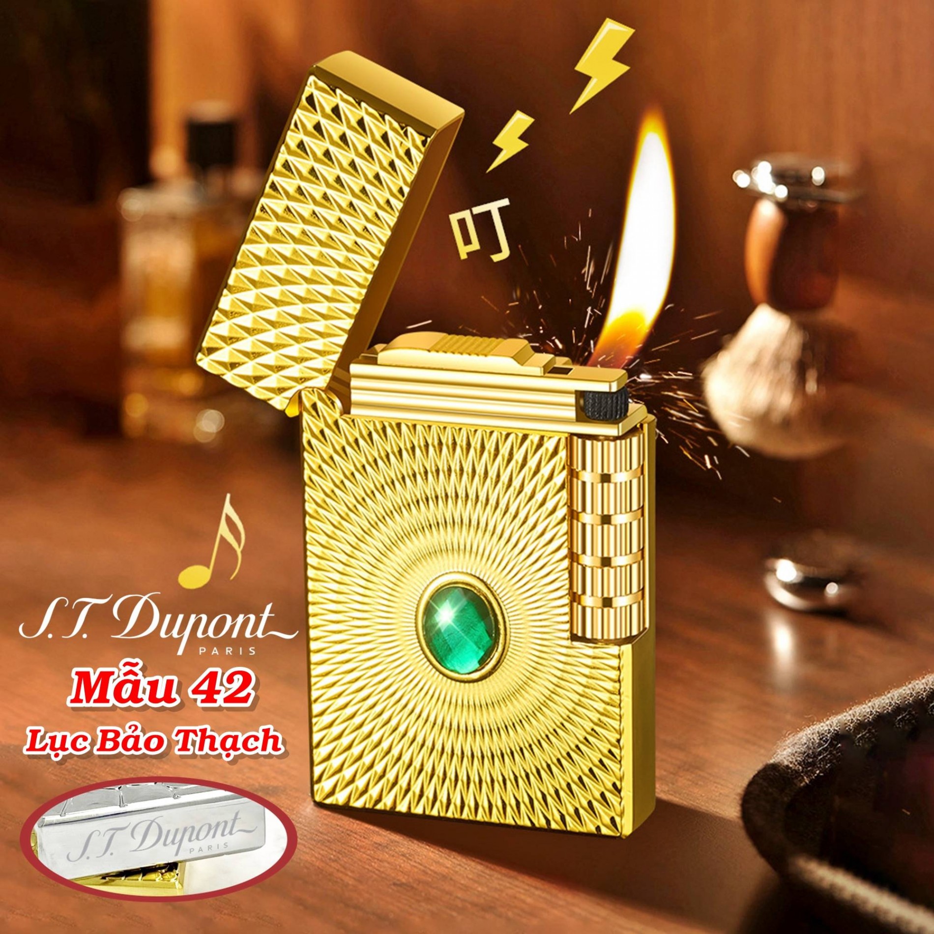 Bật lửa dupont lốc xoáy cẩn ngọc lục bảo thạch m-42 có hộp