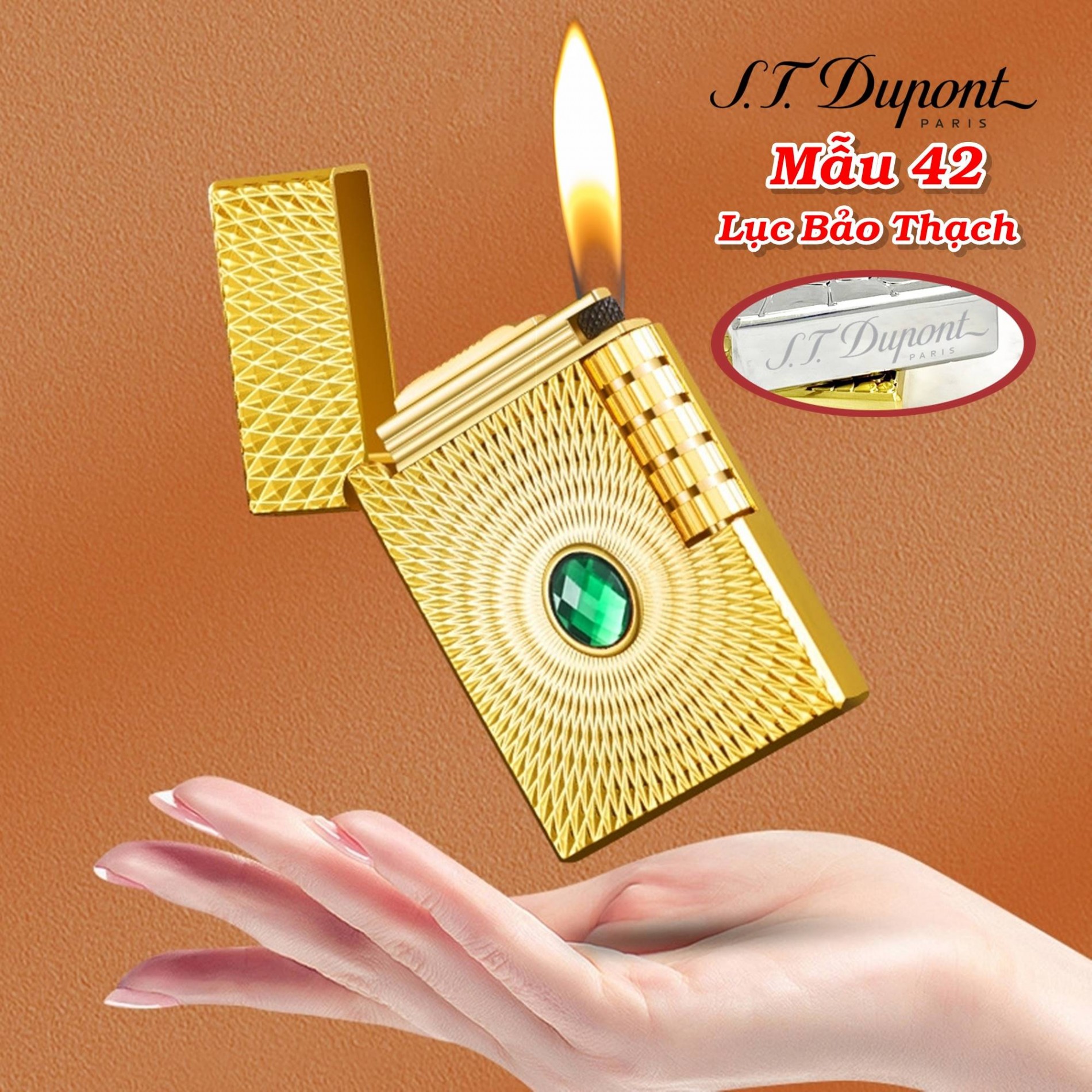 Bật lửa dupont lốc xoáy cẩn ngọc lục bảo thạch m-42 có hộp